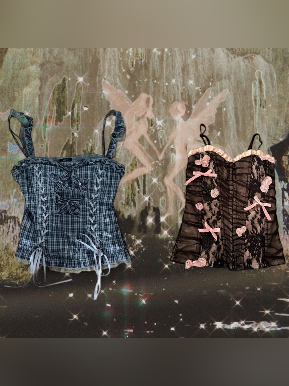 Pair of Women's Corset Tops - Plaid & Black Lace with Pink Trim